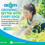 A person tending to a lush garden bed, surrounded by green plants, with ACGM branding and a call to book garden services.