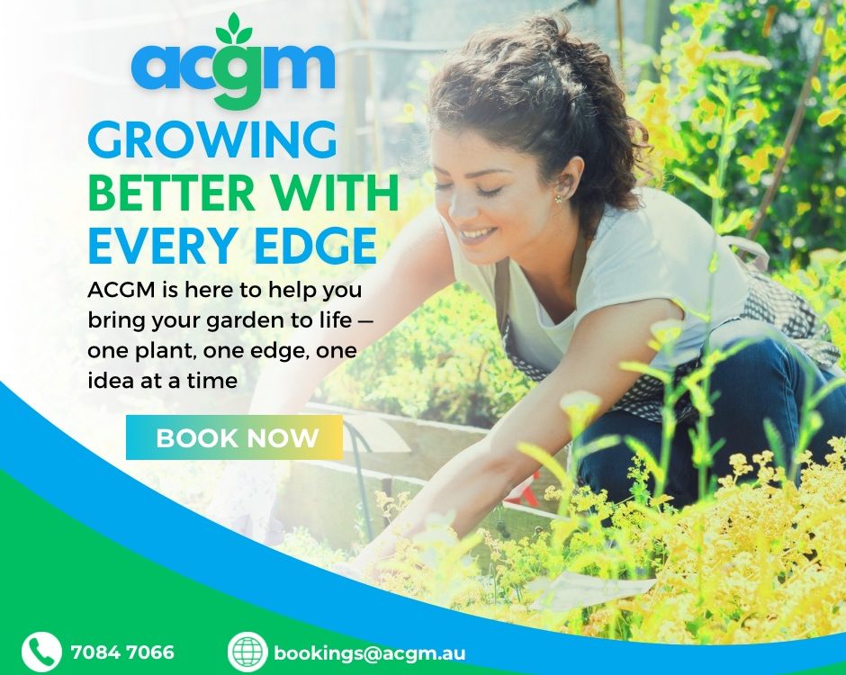 A person tending to a lush garden bed, surrounded by green plants, with ACGM branding and a call to book garden services.