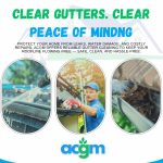 A professional in blue uniform and red gloves cleaning house gutters, with images showing gutter debris removal, water flushing, and the ACGM logo, promoting reliable gutter cleaning services