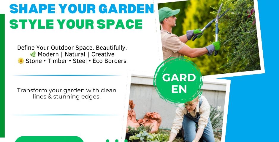A professional gardener trims hedges and another tends to a flower bed, promoting ACGM’s garden styling and outdoor space services. The ad features modern, natural, and creative garden solutions with a "Book Now" button and contact information.