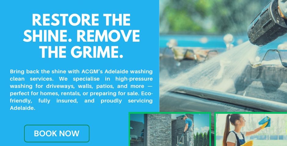 High-pressure washing and exterior cleaning service by ACGM in Adelaide, showcasing driveway and window cleaning.