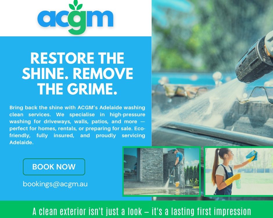 High-pressure washing and exterior cleaning service by ACGM in Adelaide, showcasing driveway and window cleaning.