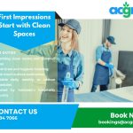 Promotional flyer for ACGM cleaning services featuring two uniformed cleaners in blue aprons and gloves sanitizing a hotel room. The flyer highlights services such as room and common area cleaning, fresh linen, surface sanitization, and flexible scheduling. Includes the ACGM logo, contact number, and booking email.