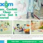 ACGM cleaner removing confetti and party waste from a decorated room after an event, showcasing professional event cleaning services in Adelaide.