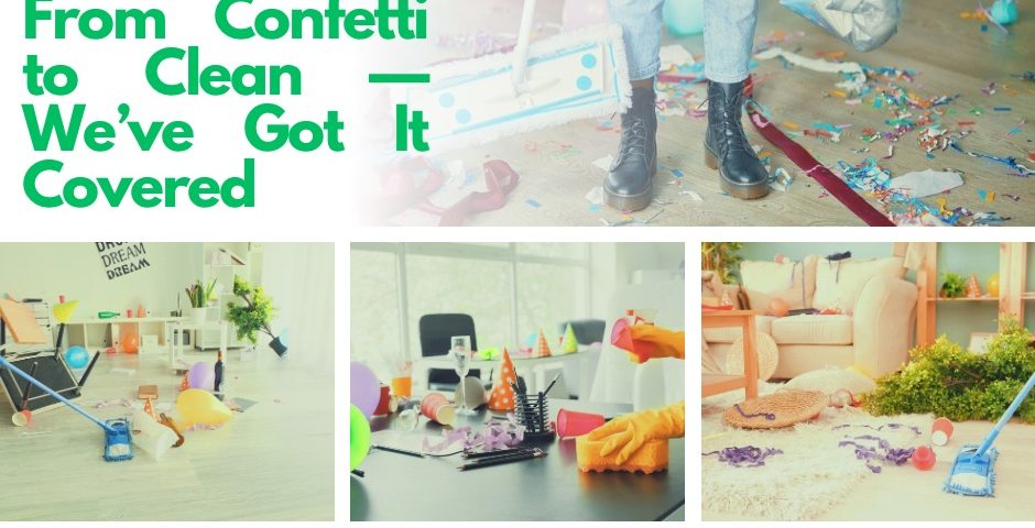 ACGM cleaner removing confetti and party waste from a decorated room after an event, showcasing professional event cleaning services in Adelaide.