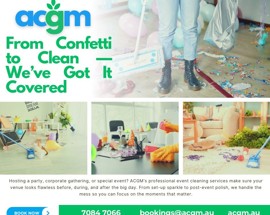 ACGM cleaner removing confetti and party waste from a decorated room after an event, showcasing professional event cleaning services in Adelaide.