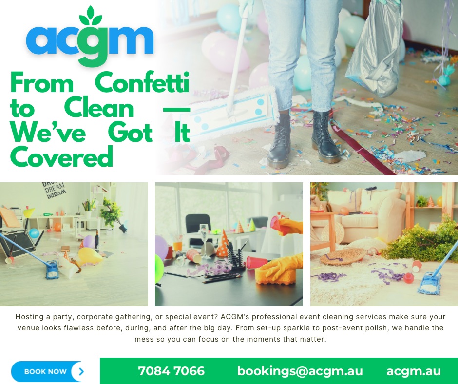 ACGM cleaner removing confetti and party waste from a decorated room after an event, showcasing professional event cleaning services in Adelaide.