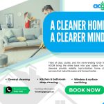 Professional cleaners tidying up a modern living room with the slogan "A Cleaner Home, A Clearer Mind" and details about ACGM’s cleaning services, including general cleaning, deep cleaning, and sanitising, along with contact information.
