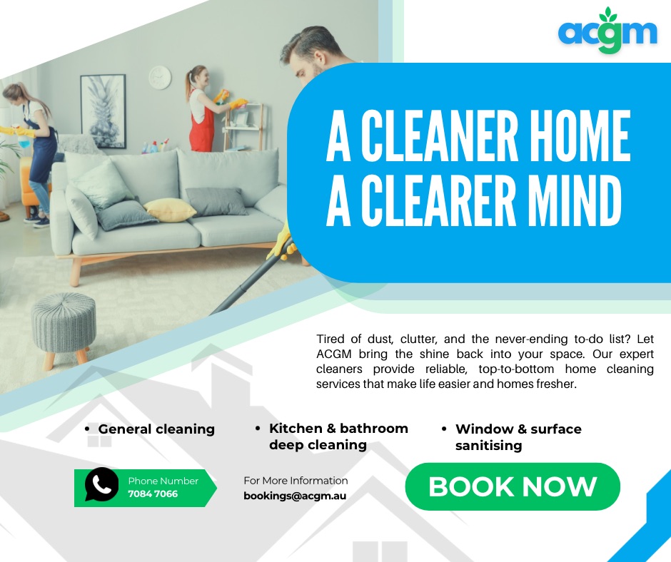 Professional cleaners tidying up a modern living room with the slogan