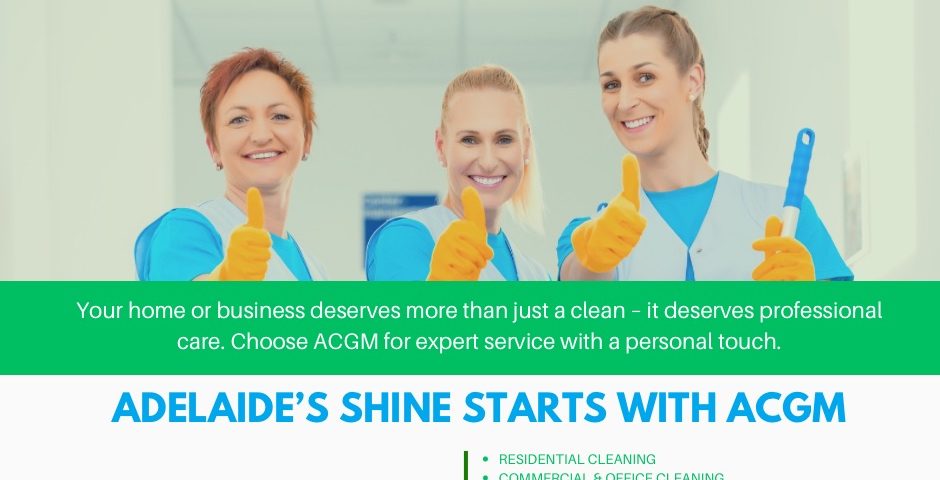 Three smiling ACGM cleaners giving thumbs up in a professional setting
