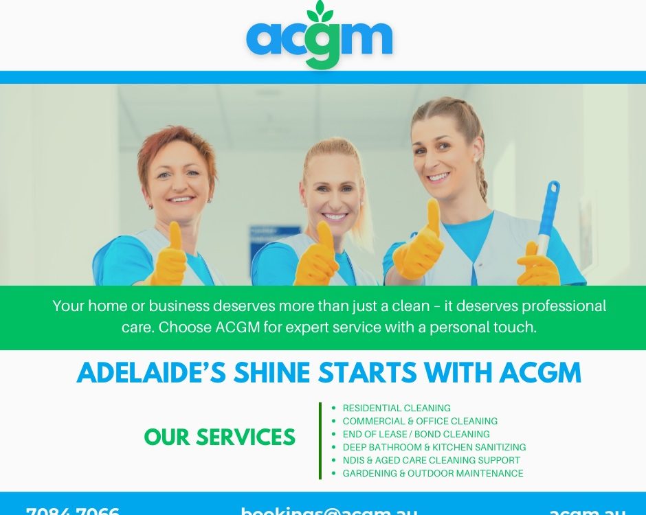 Three smiling ACGM cleaners giving thumbs up in a professional setting