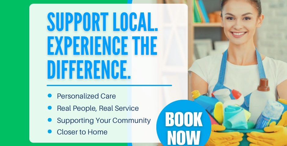 Smiling female cleaner holding a basket of cleaning supplies, promoting ACGM’s support-local cleaning services in Adelaide.
