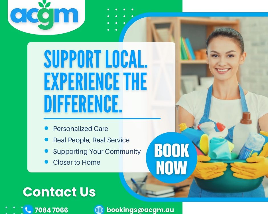 Smiling female cleaner holding a basket of cleaning supplies, promoting ACGM’s support-local cleaning services in Adelaide.
