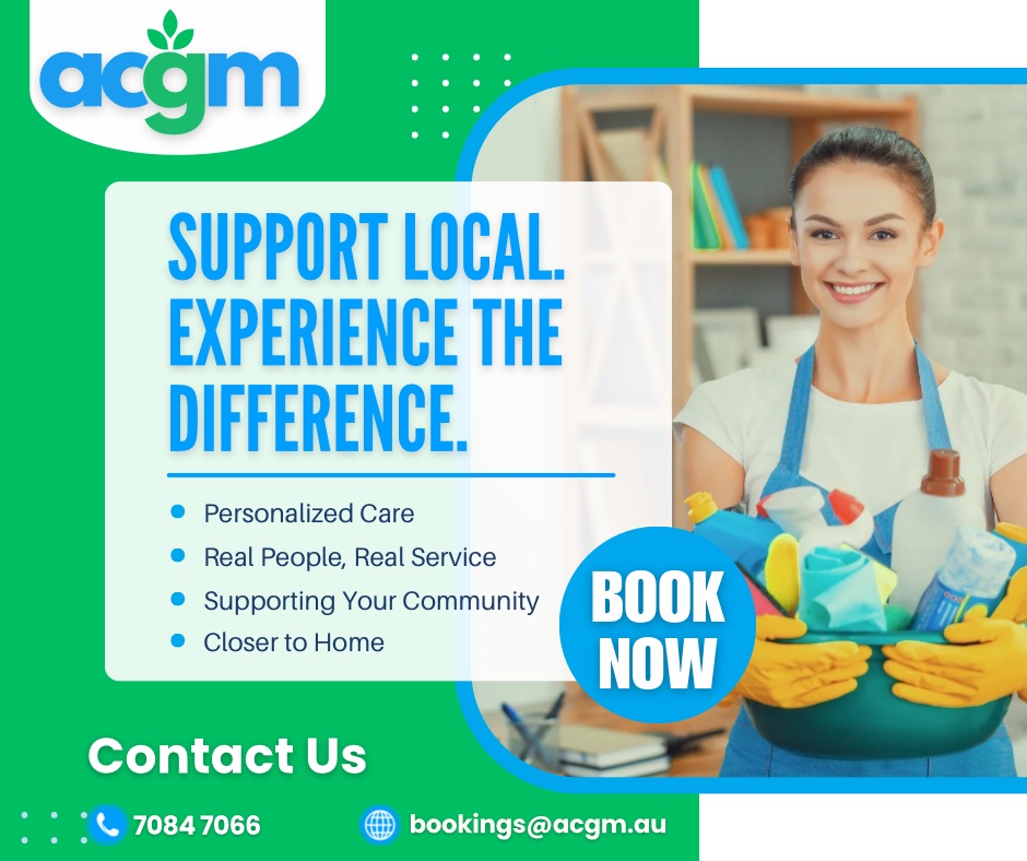Smiling female cleaner holding a basket of cleaning supplies, promoting ACGM’s support-local cleaning services in Adelaide.