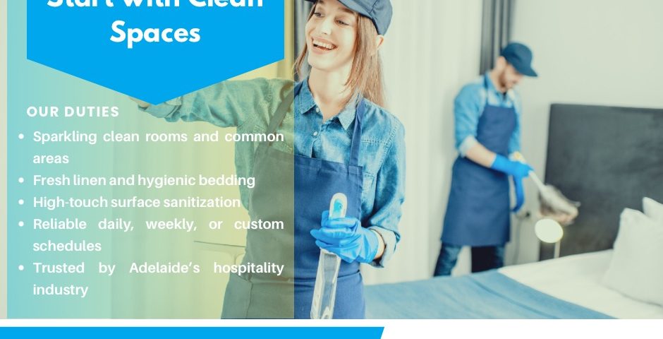 Promotional flyer for ACGM cleaning services featuring two uniformed cleaners in blue aprons and gloves sanitizing a hotel room. The flyer highlights services such as room and common area cleaning, fresh linen, surface sanitization, and flexible scheduling. Includes the ACGM logo, contact number, and booking email.