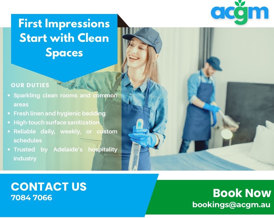 Promotional flyer for ACGM cleaning services featuring two uniformed cleaners in blue aprons and gloves sanitizing a hotel room. The flyer highlights services such as room and common area cleaning, fresh linen, surface sanitization, and flexible scheduling. Includes the ACGM logo, contact number, and booking email.