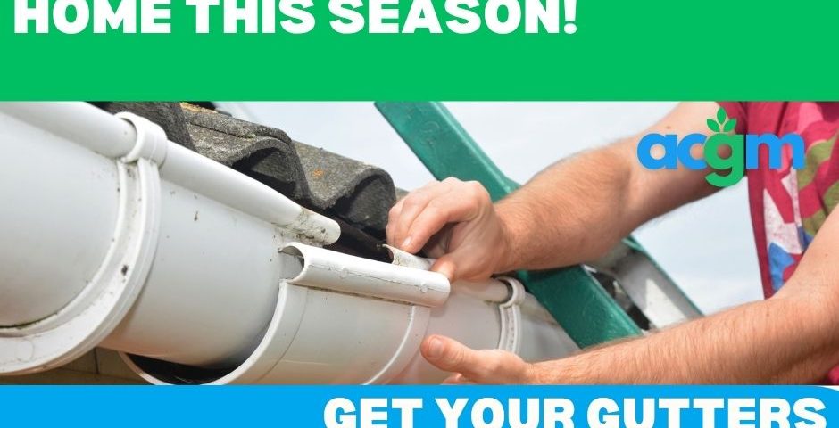 Person cleaning a white house gutter with tools; promoting professional gutter cleaning by ACGM.