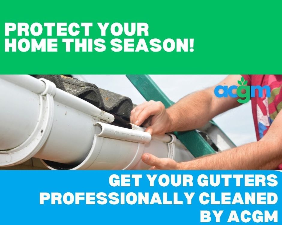 Person cleaning a white house gutter with tools; promoting professional gutter cleaning by ACGM.