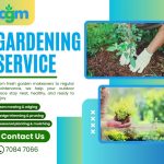 A colorful promotional flyer for ACGM Gardening Service. The flyer displays the ACGM logo at the top left, followed by bold blue text: "Gardening Service." Below, a brief description highlights the company's services, including garden makeovers and maintenance to keep outdoor spaces neat and healthy. Service offerings—"Lawn mowing & edging," "Hedge trimming & pruning," and "Seasonal planting & mulching"—are listed in green buttons. A prominent "Contact Us" button and the phone number "7084 7066" appear at the bottom left. The right side features two images: one of gloved hands planting a young tree in soil, and another of a person holding a small potted plant, both framed in blue. The flyer uses a fresh green and blue gradient background for a vibrant, inviting look.