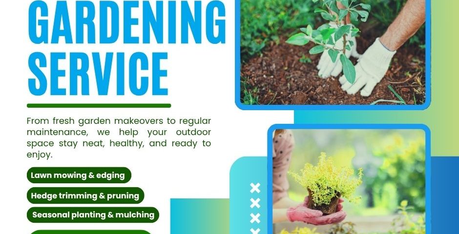 A colorful promotional flyer for ACGM Gardening Service. The flyer displays the ACGM logo at the top left, followed by bold blue text: "Gardening Service." Below, a brief description highlights the company's services, including garden makeovers and maintenance to keep outdoor spaces neat and healthy. Service offerings—"Lawn mowing & edging," "Hedge trimming & pruning," and "Seasonal planting & mulching"—are listed in green buttons. A prominent "Contact Us" button and the phone number "7084 7066" appear at the bottom left. The right side features two images: one of gloved hands planting a young tree in soil, and another of a person holding a small potted plant, both framed in blue. The flyer uses a fresh green and blue gradient background for a vibrant, inviting look.