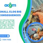 A person wearing an orange glove removes leaves and debris from a house gutter, with a baseball and autumn leaves visible in the gutter, highlighting the need for gutter cleaning.