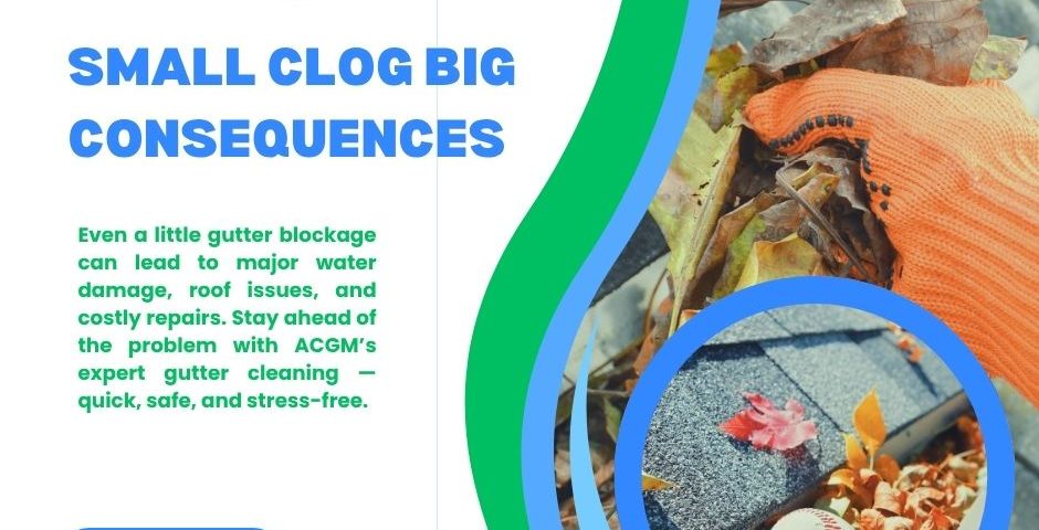 A person wearing an orange glove removes leaves and debris from a house gutter, with a baseball and autumn leaves visible in the gutter, highlighting the need for gutter cleaning.