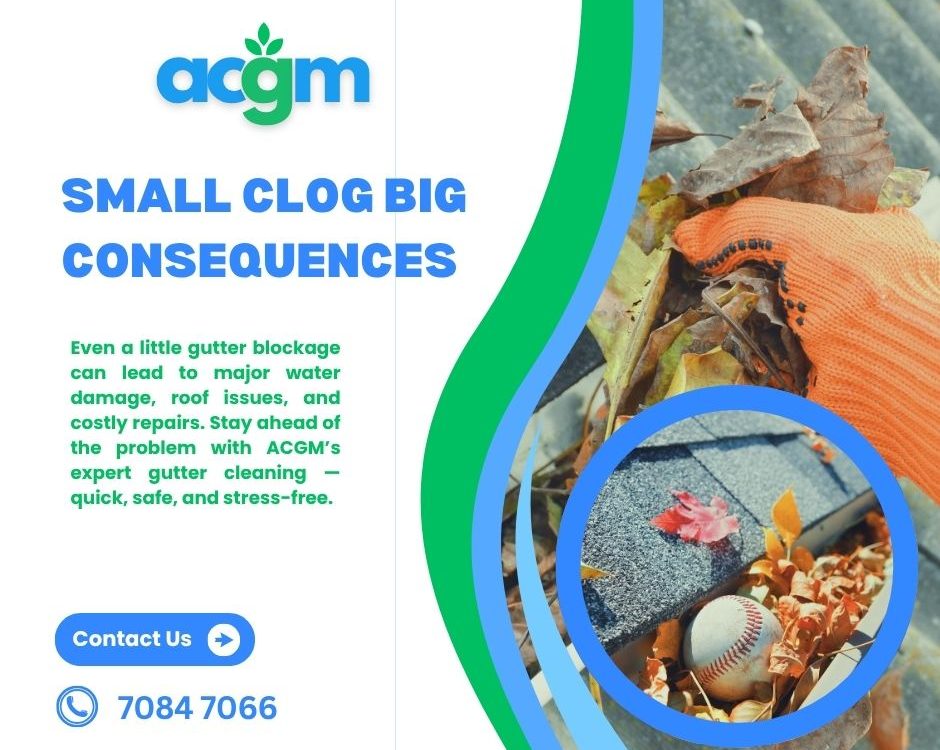 A person wearing an orange glove removes leaves and debris from a house gutter, with a baseball and autumn leaves visible in the gutter, highlighting the need for gutter cleaning.