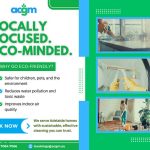 Eco-friendly cleaning service flyer highlighting benefits for health and the environment, with images of people cleaning various home surfaces.