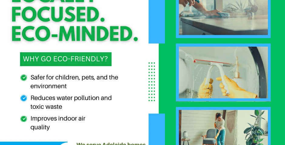Eco-friendly cleaning service flyer highlighting benefits for health and the environment, with images of people cleaning various home surfaces.