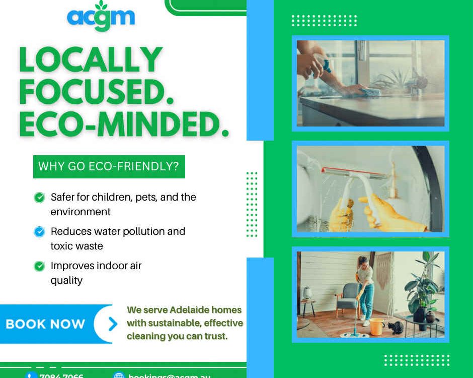 Eco-friendly cleaning service flyer highlighting benefits for health and the environment, with images of people cleaning various home surfaces.